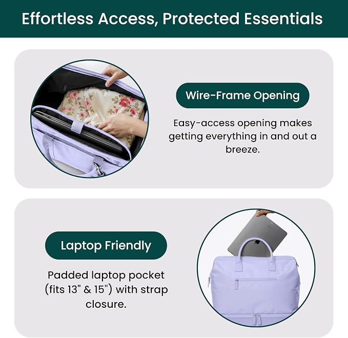 Nobl Travel Weekender Bag for Women & Men, Large Carry-On Duffel, Lavender | Leather Overnight Tote with Trolley Sleeve, Separate Shoe Compartment & Laptop Pocket for Airplane, Gym & Road Trips - Image 2