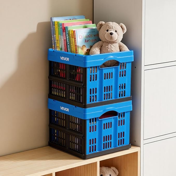 VEVOR Plastic Collapsible Storage Bins, 25L 3 Packs, Stackable Folding Storage Crates with Handles, Holds 22 lbs Per Bin, Foldable Heavy Duty Containers, Space-Saving Baskets, for Home Organizing - Image 8