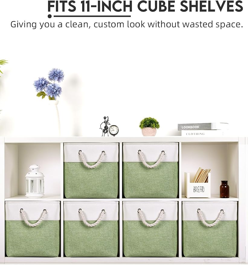 Temary 11 Inch Cube Storage Bins - 6 Pack Foldable Fabric Storage Baskets with Soft Rope Handles, Sturdy Organizer Cubes with Metal Frame for Shelves, Closet, Office & Home Organization (White&Green) - Image 4