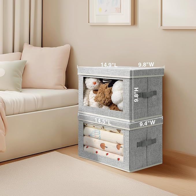 Foldable Storage Bin with Lid - Closet Storage Organizer with Window, Storage Bins with Lids for Clothes, Fabric Storage Baskets for Shelves, Bedroom, Dorm, Light Grey, 4 Pack - Image 6