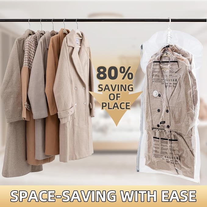 Hanging Vacuum Storage Bags, 6 Large Vacuum Pack Bags for Clothes Reusable Space Saver Bags Vacuum Compression Storage Bags for Winter Coats Wardrobe Coats, Suits & Dresses Garment 5-Ring Hangers | Vacuum Bag Clothing Vacuum Bag for Suits, Coats, Jacke... - Image 2