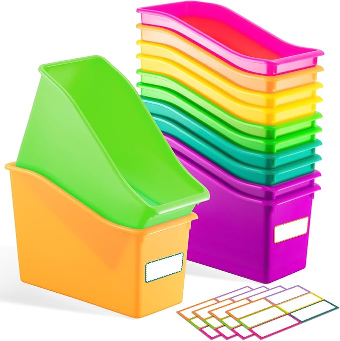 Geetery 6 Pcs Book Bin for Classroom with Labels Stackable Plastic Organizing Bins 11.5 x 5.4 x 7.5 in Book Holders Storage Bins Box Baskets for Classroom Library Home (Bright Color) by Geetery