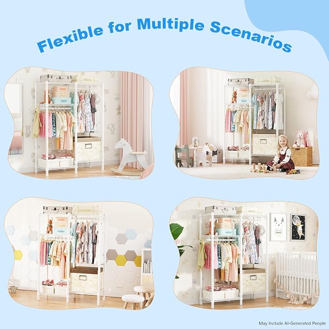 F1 Garment Rack for Kids, 4 Tiers Closet System Hold 410lbs, White | Clothing Rack for Baby and Children's Room, Small Freestanding Clothes Racks with 2 Hanger Rods, 31.2"W x 11.8"D x 48"H - Image 7