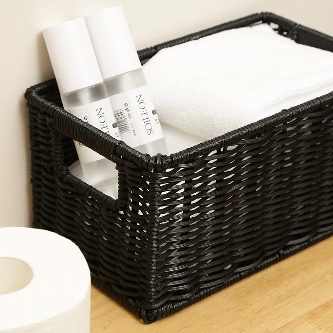HOONEX Wicker Baskets for Storage, Plastic Baskets for Organizing with Dual Handles, Woven Baskets for Storage, Set of 2, Black - Image 7