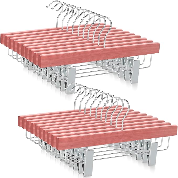 TOPIA HANGER Red Cedar Wooden Pants Hangers 20 Pack, Slacks Trouser Shorts Hangers with 2 Big Metal Anti-Wrinkle Adjustable Clips, 360° Stronger Chrome Hooks, CT07P20 by TOPIAHANGER