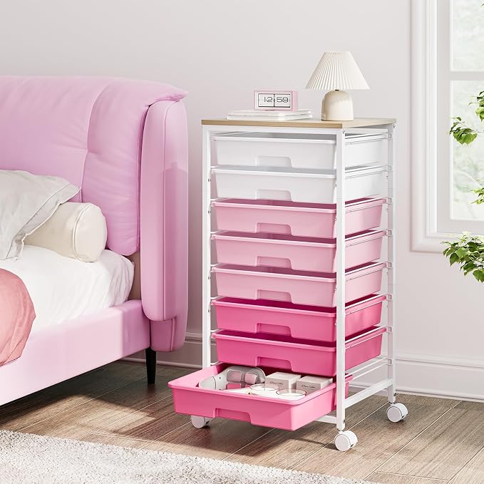 TOOLF Rolling Storage Cart with 8 Drawers,Rose Pink | Utility Cart on Wheels with Wooden Tabletop,Teacher Organization for Classroom, Art Cart for Office,Bedroom,Craft Room - Image 8