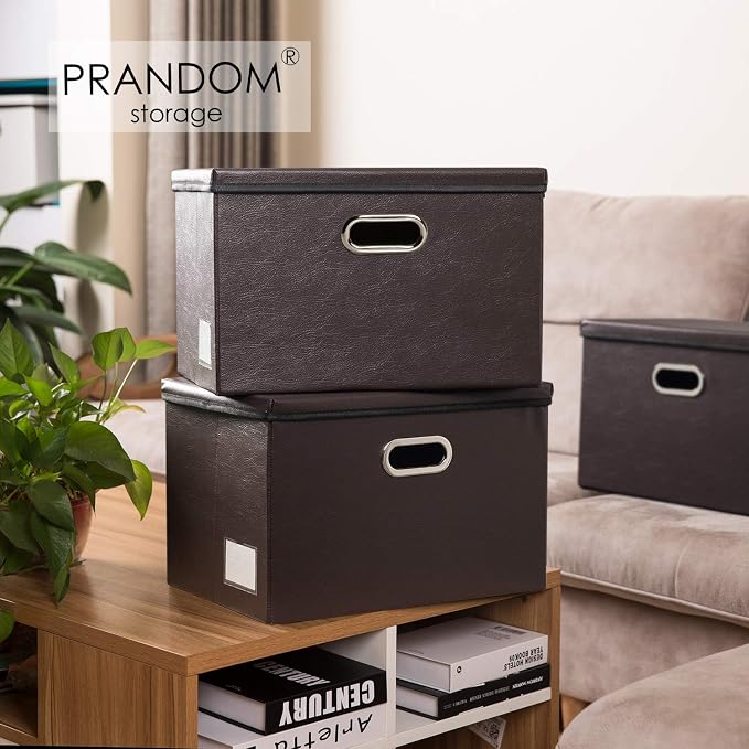 Large Stackable Storage Boxes with Lids [5-Pack] Leather Fabric Foldable Storage Bins Organizer Containers Baskets Cubes with Cover for Bedroom Closet Office Nursery Brown(17.7x11.8x11.8) - Image 2
