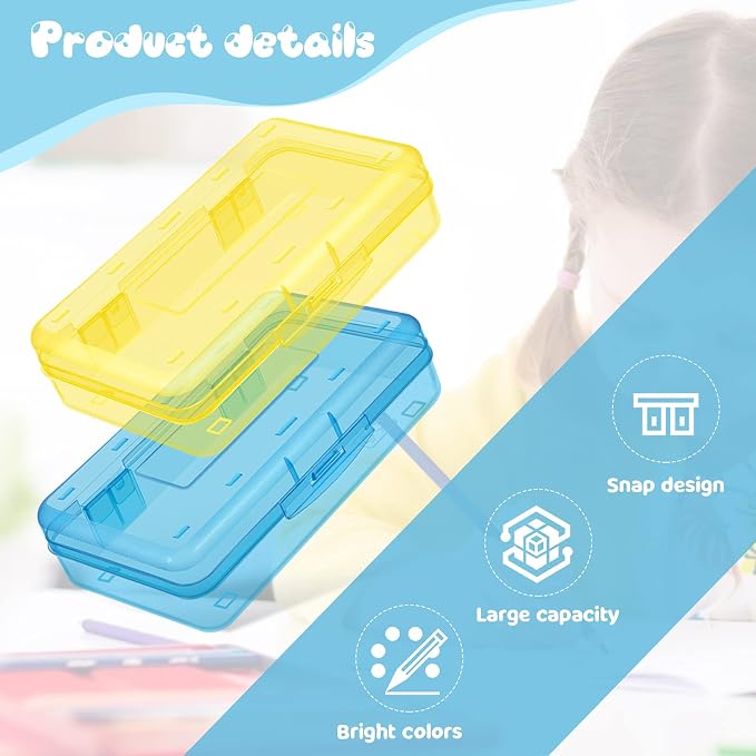 Outus 5 Pcs Plastic Pencil Box Large Crayon Maker Box with Snap Lid Plastic Pencil Case Office Supplies Organizer for Craft Painting Brush (Pink,Yellow,Green,Blue,Clear) - Image 5