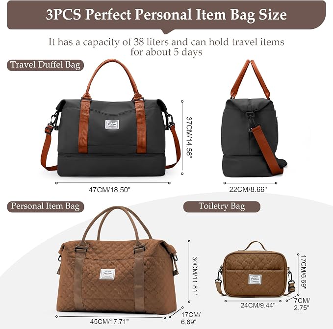 Weekender Bags for Women,Personal Item Travel Bag with Shoes Compartment | Overnight Travel Duffel Bag with Grid Travel Set,Carry-On Bag,3 Pcs Set,Large - Image 3