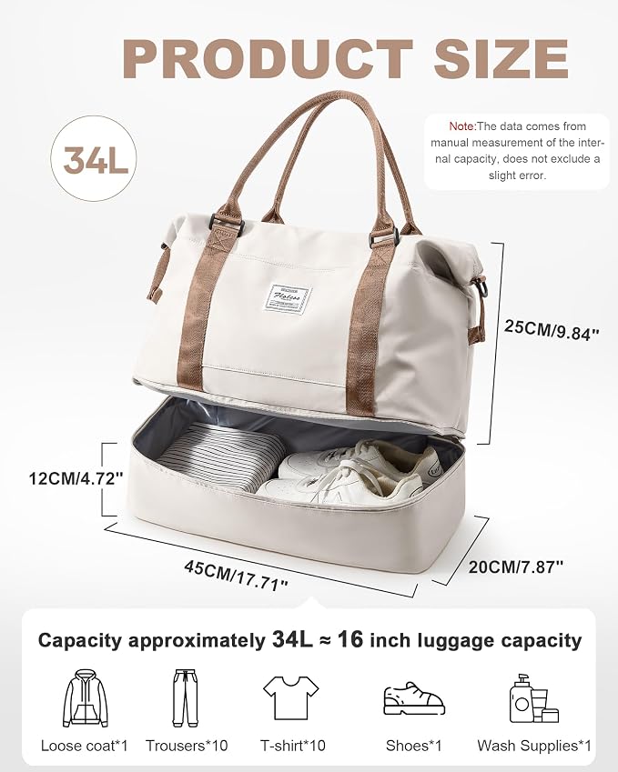 Travel Duffel Weekender Bag Women Tote Carry On Bags With Shoe Compartment | 18x14x8 inches Travel Overnight Bags with Trolley Sleeve for Airplanes Sport Tote Gym for Men Lightweight Daypack BeigeBrown - Image 4