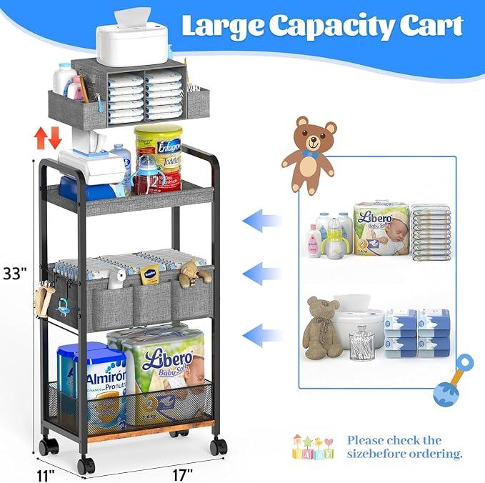 2In1 Baby Diaper Caddy & 3-Tier Rolling Diaper Cart, Caddy Organizer Cart with Dividers, Mobile Metal Bedside Carts for Baby Essentials, Rolling Carts for Newborn Nursery with Wheels, Large Capacity - Image 2