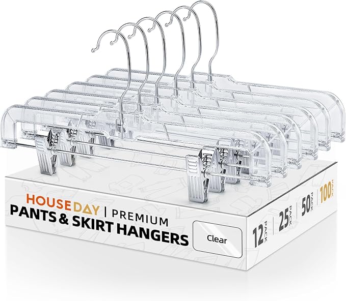 HOUSE DAY 100 Pack Plastic Skirt Hangers, 14'' Non Slip Clip Hangers | Bulk Clear Pants Hangers with Adjustable Clips for Closets, Boutiques, Laundry Rooms, Resale and Retail Displays by HOUSEDAY