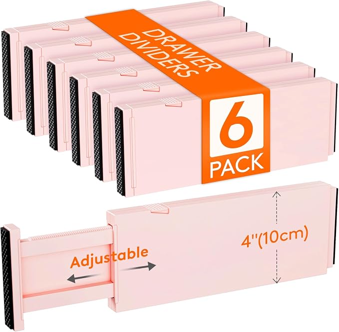 Lifewit 4" High Upgrade Drawer Divider, Adjustable Drawer Organizer Clothes | 6 Pack 11"-17" Expandable Pink Plastic Drawer Separator for Dresser, Kitchen, Closet, Nursery, Office Organization & Storage by Lifewit
