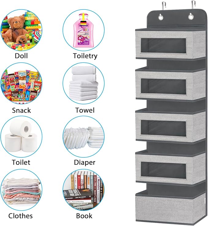 2 Pack Over the Door Hanging Organizer with 5 Large Pocket and Clear Window, Sturdy Over the Door Storage Organizer for Closet, Pantry, Bathroom,Bedroom, Nursery, Dorm (Grey) - Image 7