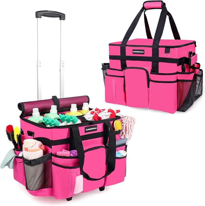 Large Rolling Cleaning Caddy Bag, Cleaning Caddy with Wheels with Detachable Trolley for Housekeepers, Water Resistant Cleaner Supplies Organizer with Wheels for Kitchen, Car, Picnic (Rose-Red) by LIANGSHENGYUAN