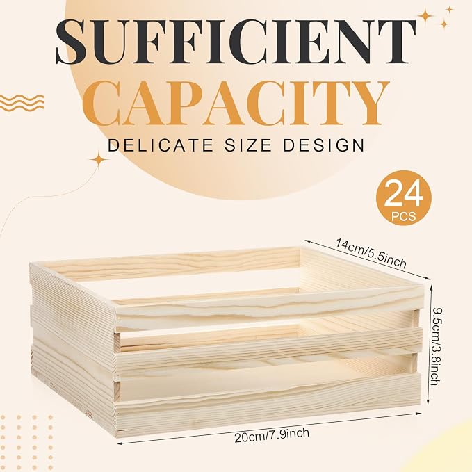 Gerrii 24 Pcs 8'' Small Wooden Crates for Crafts Unfinished Crates Centerpiece Mini Rustic Wood Basket Box for Display Storage Milk Wine Closet Home Bathroom Kitchen Office Decor - Image 2