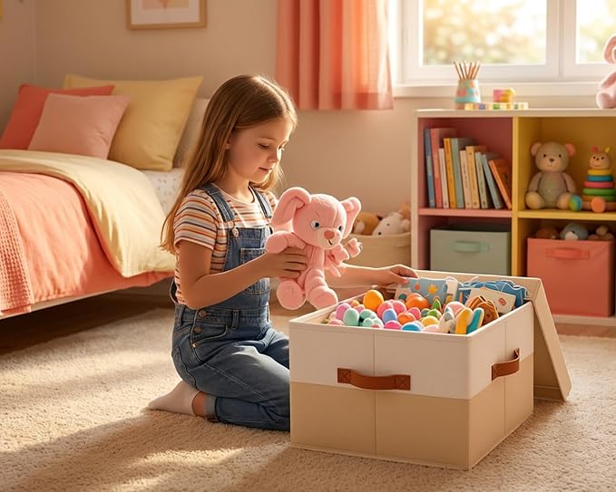 Large Toy Box with Lid - 2 Pack Toy Storage Organizer Chest with Double-Open Lid & Divider, Stackable Colthes Storage Organizer, Foldable Toy Bin with Label Tag for Nursery, Playroom - Image 4