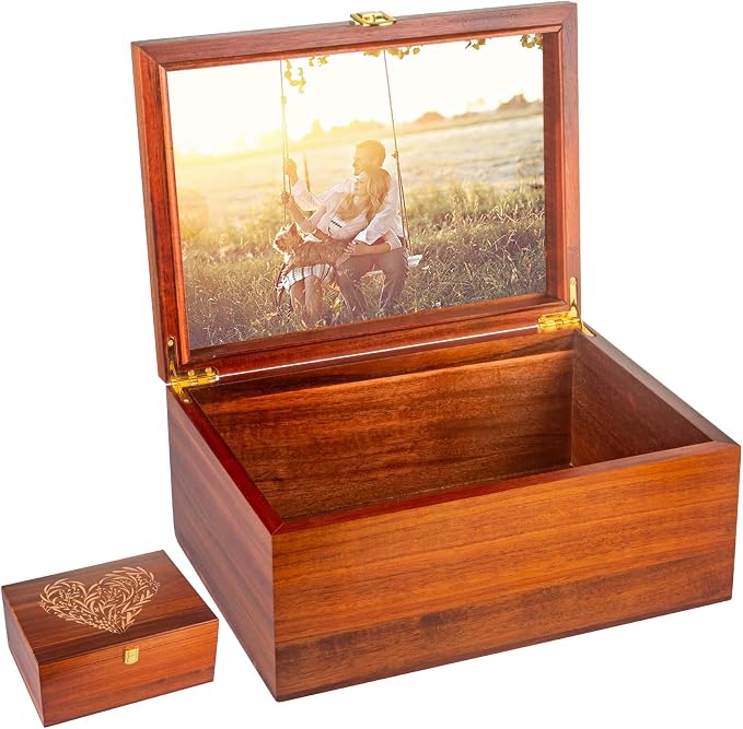 Larger Wooden Memory Keepsake Boxes With Hinged Lids and a photo frame inside the lid - Decorative Storage Box With a Hinge Lids For Picture Letter Time Capsule - 5.3“*8.6”*11.7“- Acacia by EVA+murmure