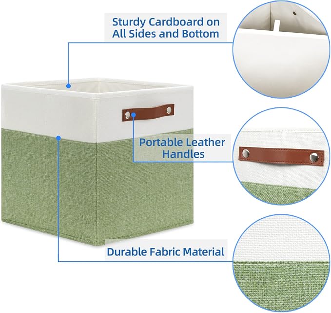 Temary 12 Inch Fabric Storage Cubes Storage Bins with Leather Handles, 4 Pack Cube Baskets Bins for Organizing Closet, Foldable Cloth Baskets for Shelves (White&Green) - Image 3