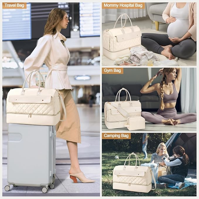 Travel Duffel Bag, Large Weekender Bag for Women with Shoe Compartment, Carry on Overnight Bag with Toiletry Makeup Bag, Gym Duffel Bag Travel Tote Bag for Travel Gym Camping Hospital, Beige - Image 7