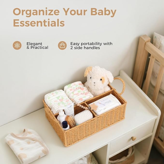 Rattan Diaper Caddy Organizer Changing Table Organizer | Hand Woven Nursery Basket for Baby Essentials, Baby Shower Gifts, Versatile Shelf Basket Bathroom/Kitchen Organizer - Image 5