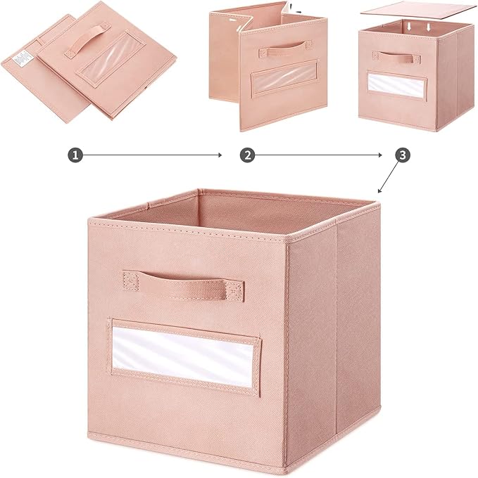 13x13x13 storage cube bins(Set of 8) Fabric storage cubes with 8 Labels Window Cards & a Pen, storage cubes 13x13, Collapsible 13 inch cube storage bins, Cubby Boxes, Pink - Image 4