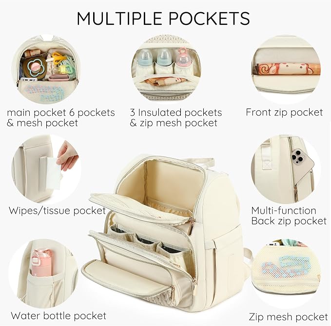 MAPLELILY Large Diaper Bag Backpack, Stylish Baby Travel Diaper Bag, Beige | Lightweight maternity hospital backpack. With changing pad, stroller straps, insulated pocket. Mom, dad, toddler - Image 2