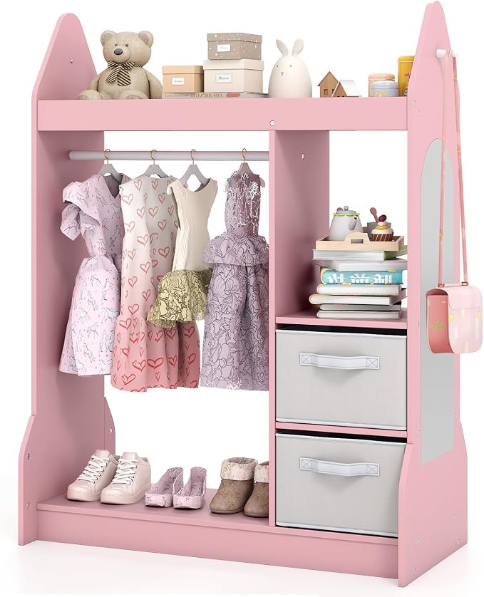 Costzon Kids Dress Up Storage with Mirror, Clothes Rack, Shelves, 2 Fabric Storage Bins, Pretend Play Costume Organizer, Open Hanging Wardrobe Closet Armoire Dresser for Bedroom Playroom by Costzon