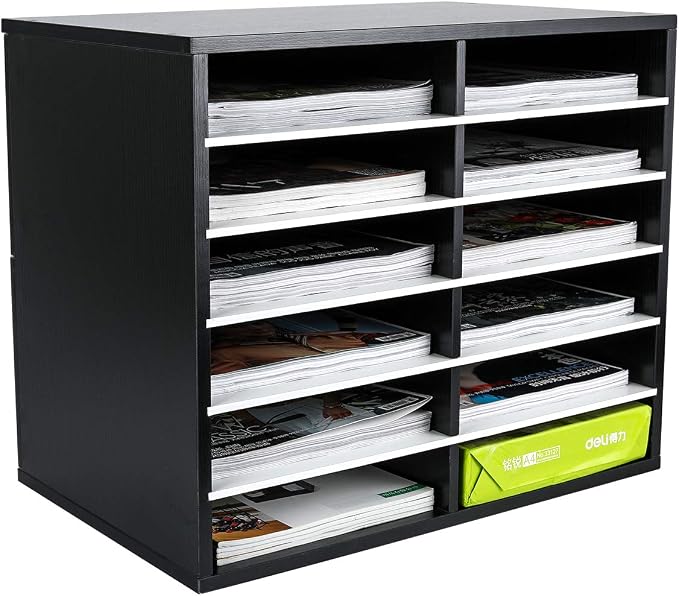 EasyPAG 12 Compartments Wooden Literature Organizer with Adjustable Shelves, 6000 Sheets Capacity Paper Organizer, Classroom Mailbox and Mail Sorter for Teachers and Office, Black/White - Image 3