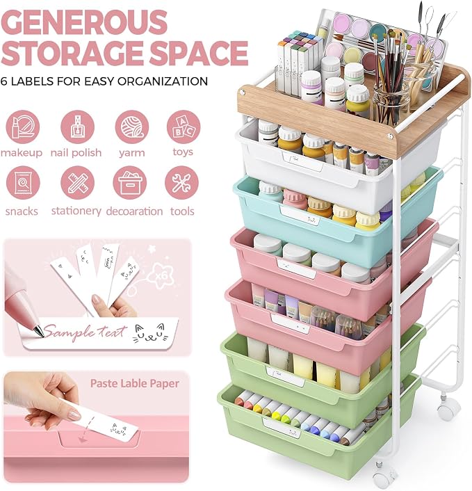 SYKIARIOL Rolling Cart with 6 Drawers,Craft Organizer and Storage,Colorful | Utility Storage Cart with Drawers,Art Cart,Makeup Organizer With Wooden Tabletop - Image 4