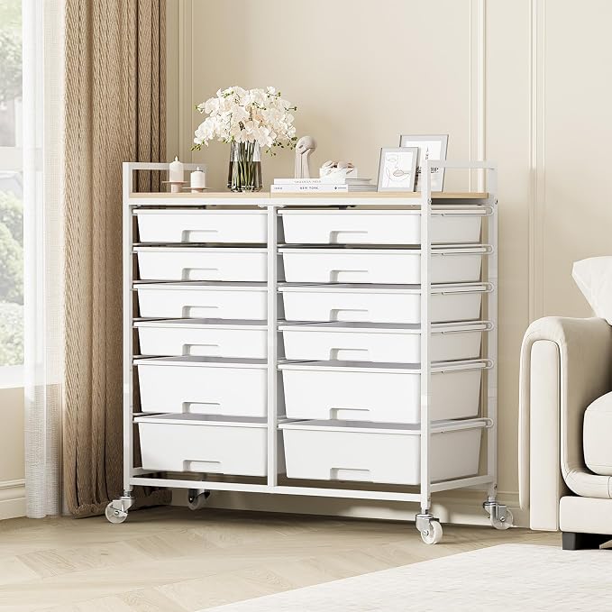 TOOLF 12 Drawers Rolling Storage Cart with Wooden Top for Classroom,White | Teacher Cart Craft Art Supply Organizer, Utility Cart with Lockable Wheels for Home Household Essentials, Office Organization - Image 9