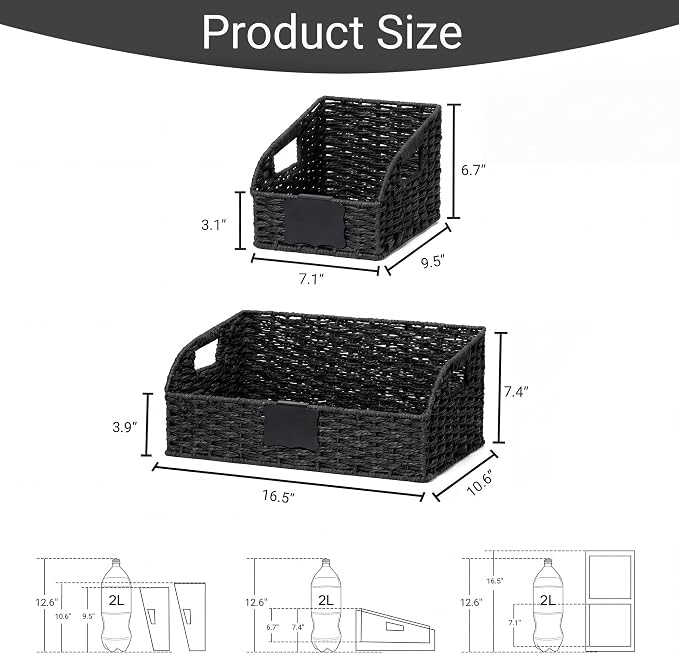 Pantry Organizers, Handwoven Large Wicker Baskets for Shelves, Labeled Storage Baskets for Organizing with Handles - Paper Storage Bins, Boho Decorative, 3 Pack, Black - Image 3