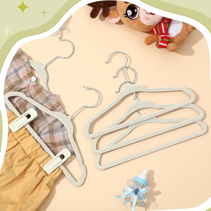 50 Pack Velvet Hangers for Baby & Kids, 11 Inch Non-Slip Infant Clothes Hangers with 100 Multi-use Adjustable Clips, Slim Space Saving Hanger for Nursery Closet, Toddler Skirts Pants Coat, Beige - Image 4