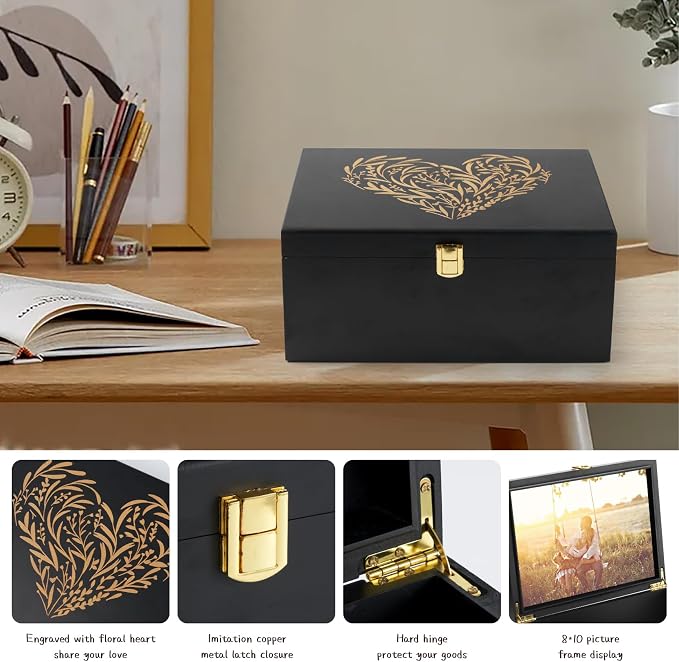 Larger Wooden Memory Keepsake Boxes With Hinged Lids and a photo frame inside the lid - Decorative Storage Box With a Hinge Lids For Picture Letter Time Capsule - 5.3“*8.6”*11.7“ Black - Image 6