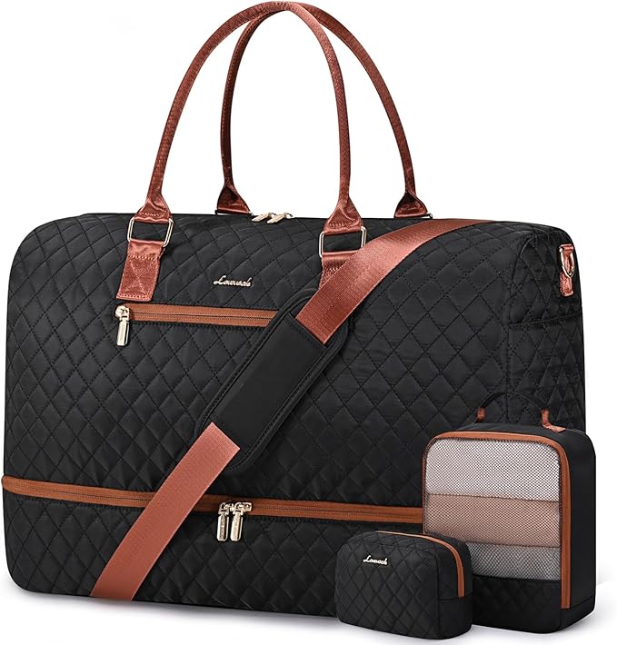 LOVEVOOK Travel Duffle Bag for Women, Weekender Overnight Bag with Shoe Compartment, Carry on Bag with Toiletry Bag, Gym Duffel Bag with Wet Pocket, Hospital Bags for Labor and Delivery 3 Pcs Set by LOVEVOOK