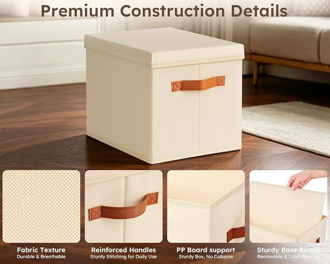 Storage Bins with Lids - Fabric Storage Baskets for Shelves, 4 Pack Foldable Decorative Boxes with Handles, Stackable Organizer Bins for Home, Nursery, Dorm, Beige - Image 6