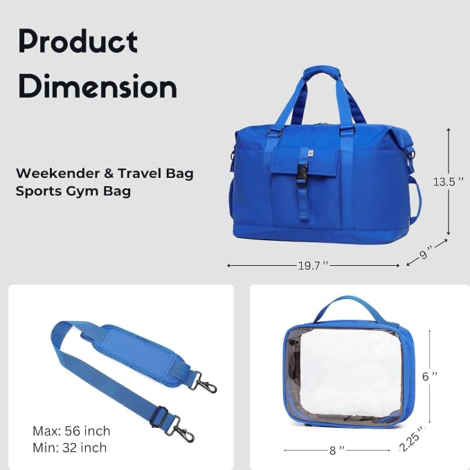 Duffel with Utility Pouch, 40L Weekender Overnight Bag with Shoe Compartment for Travel and Sports (Blue) - Image 7
