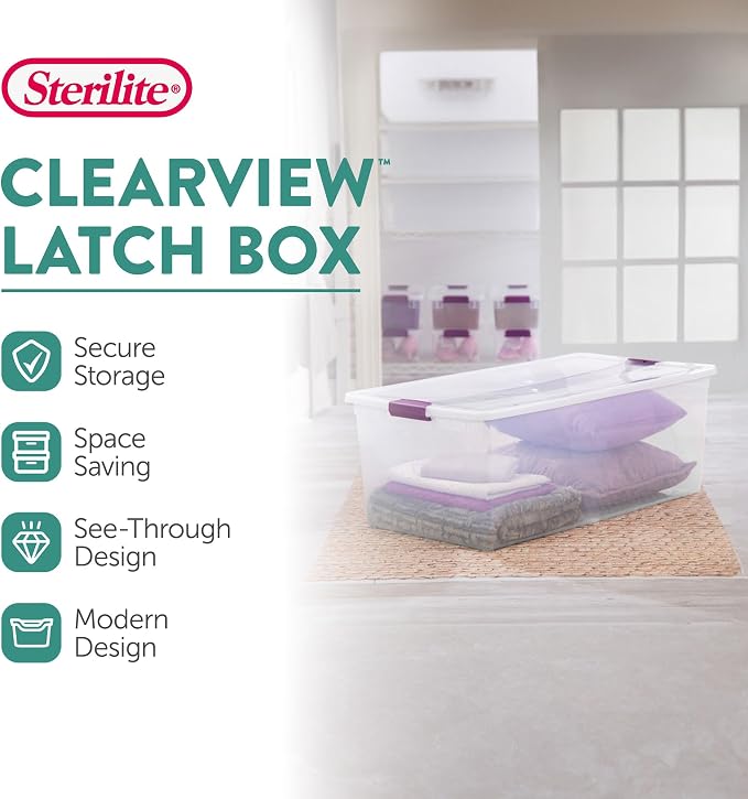 Sterilite Clearview Latch Boxes, Storage Bins with Lids, 110 Quart, 8-Pack | Clear Plastic Organizers with Color Accent Latches for Closet, Bedroom, Shelving Units, Dorm Room and Home Organization - Image 5