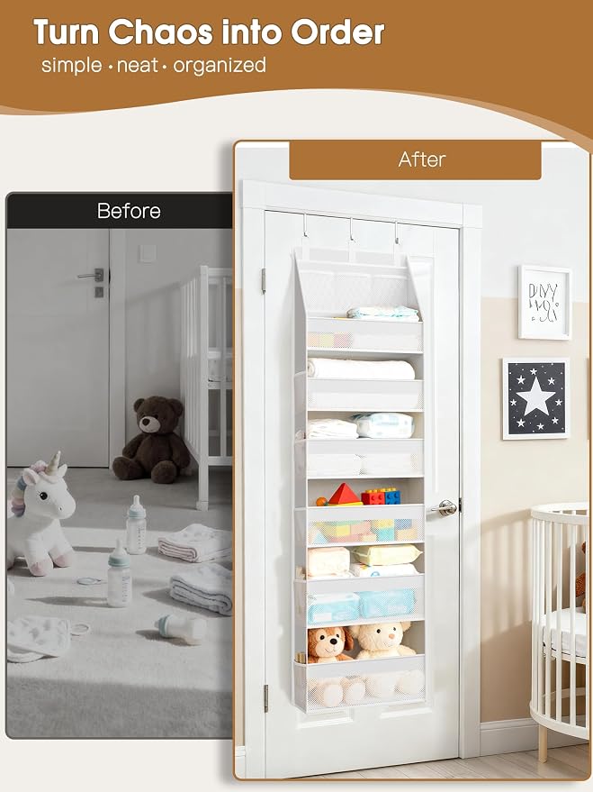 2 Pack Over the Door Organizer, Heavy-Duty 6-Shelf Hanging Storage with 13 Mesh Pockets, 55lbs Capacity Behind the Door Storage for Nursery, Bathroom, Bedroom, and Dorm, White - Image 8
