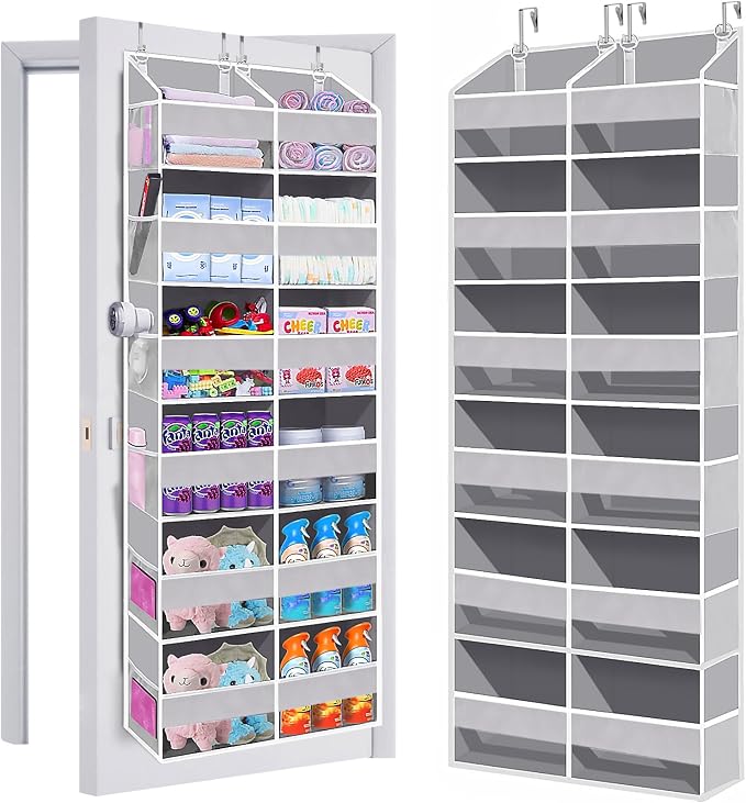 Heavy Duty Over The Door Organizer 6 Tiers, Extra Large Behind Door Storage of 12 Front & 12 Mesh Pockets, 80lb Weight Capacity, Hanging Doors Storage for Closet Bedroom Nursery, Light Gray by UVIAHOMIHOMEORGANIZER