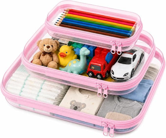 3PCS Clear Hard Shell Zipper Case 13.8 * 11.8 * 2 IN (Pink) | Transparent shell for easy item access. Works as cosmetic bag, toy pouch, diaper organizer and pencil case. by Calantre