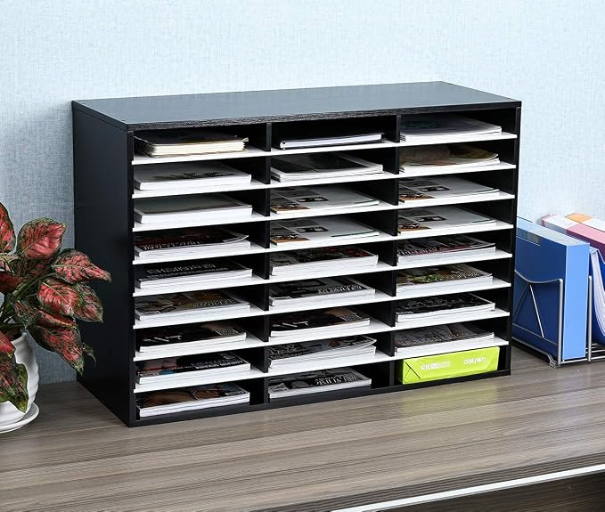 EasyPAG 27 Compartments Wooden Literature Organizer with Adjustable Shelves, 13500 Sheets Capacity Paper Organizer, Classroom Mailbox and Mail Sorter for Teachers and Office, Black/White - Image 4