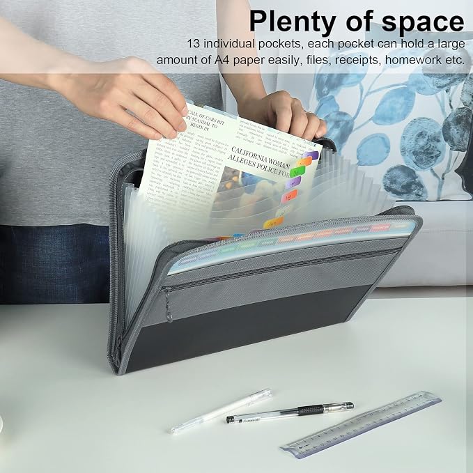 NAFY Expanding File Folders, 13 Pockets Document Organizer with Zipper, A4 Letter Size Portable Accordion Expanding File Folders with Multicolor Labels for Home Office School Supplies (Black 4 Pack) - Image 2