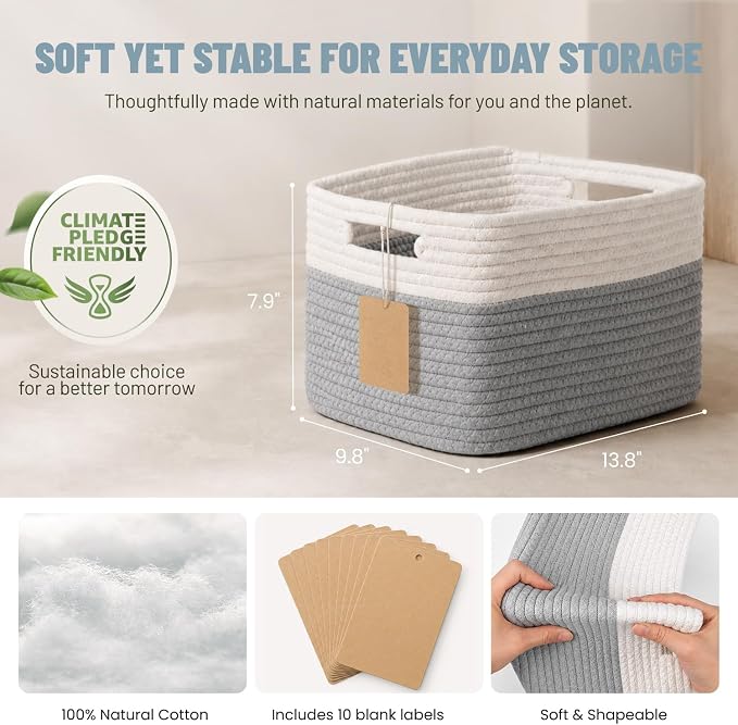 5 Pack Woven Storage Baskets, Decorative Storage Bins for Organizing | 13.8'' × 9.8'' × 7.9'', Cotton Rope Basket Organizer for Closet, Shelves, bathroom, Nursery, Toys, Books, Pantry, Gray/White - Image 3