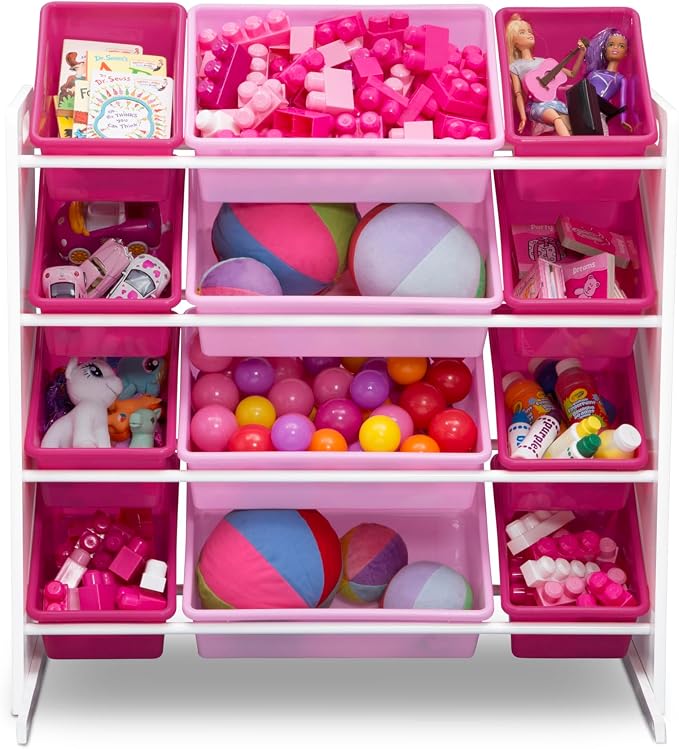 Delta Children Kids Toy Storage Organizer with 12 Plastic Bins - Greenguard Gold Certified, White/Pink - Image 3