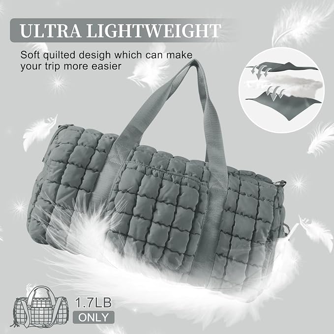 Quilted Travel Duffle Bag Gym Bag for Women,Large Puffer Duffle Weekender Bag with Compartment,Workout Overnight Carry on Organizer Bag Duffle Bag for Airplane Travel(L-Grey) - Image 5