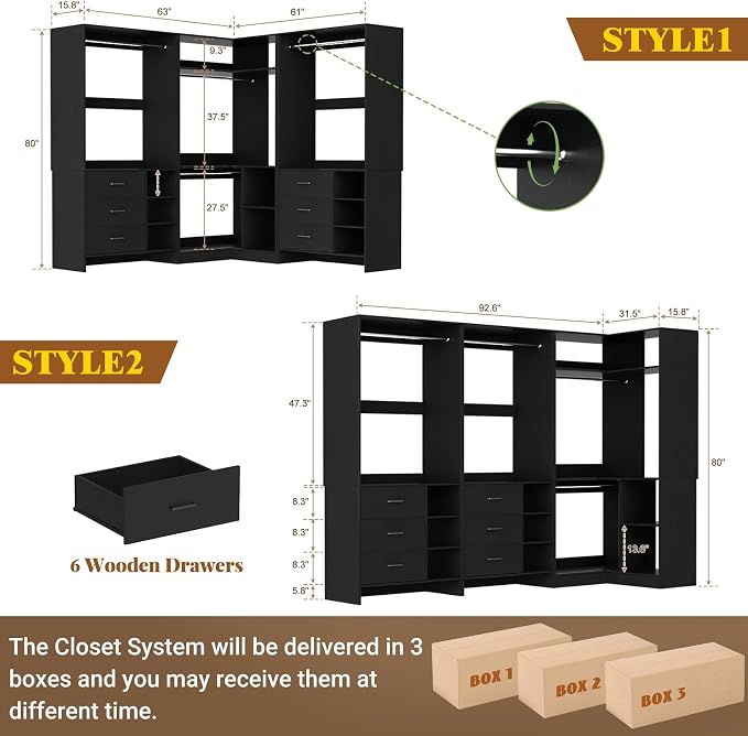 Aheaplus Closet System with 6 Drawers, 4 Hanging Rods & Corner Tower, Corner Closet System with Hanging,92.6" L-Shaped Walk-In Wardrobe Organizer, 2000+ lbs Capacity, Set of 3, Black - Image 6