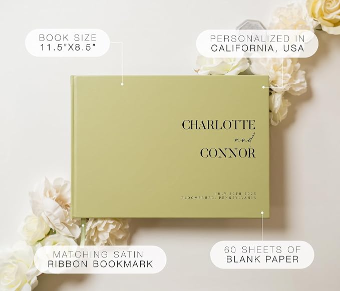 Personalized Guest Book - 11.5" x 8.5" Premium Custom Guest Signing Book with Bookmark and Blank Pages for Wedding Reception Table Decoration Engagement Birthday Party Event, Sage - Image 2