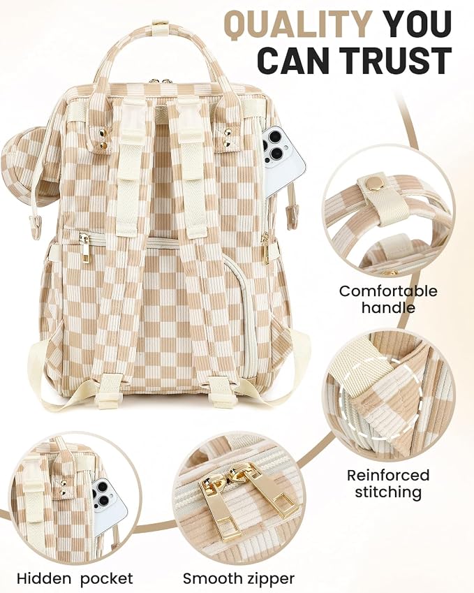 Corduroy Diaper Bag Backpack, Large Capacity Multifunction Baby Diaper Bags for Women, Insulated Bottle Pockets & Pacifier Case, Stylish Travel Nappy Changing Bags for Mom Dad (Checkered Brown) - Image 6