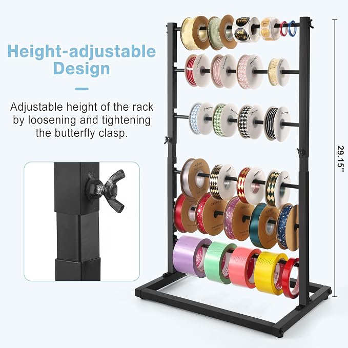 Aulin 6 Tier Large Capacity Ribbon Storage Organizer Rack (Black) | Metal Ribbon Spool Holder：It comes with six standard-thickness rods and three thinner rods. - Image 3